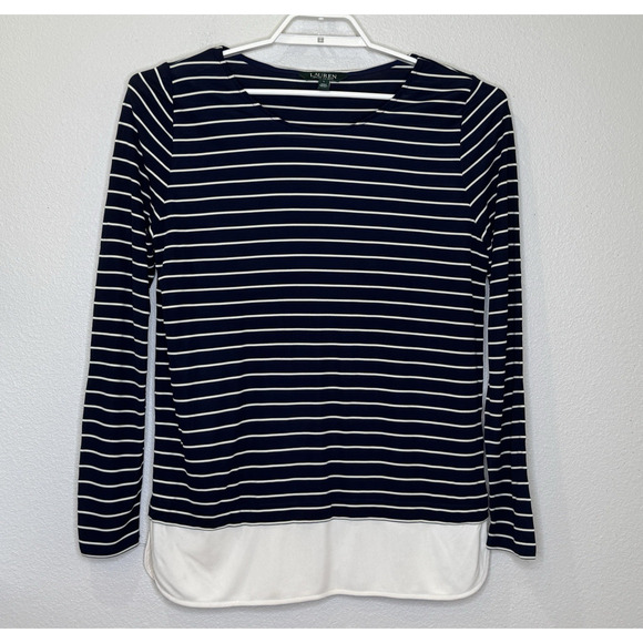 Lauren Ralph Lauren Tunic Top Blouse Womens Large Blue White Stripe Long Sleeve - Picture 1 of 7
